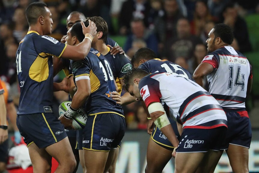 Christian Lealiifano celebrates a try for the Brumbies