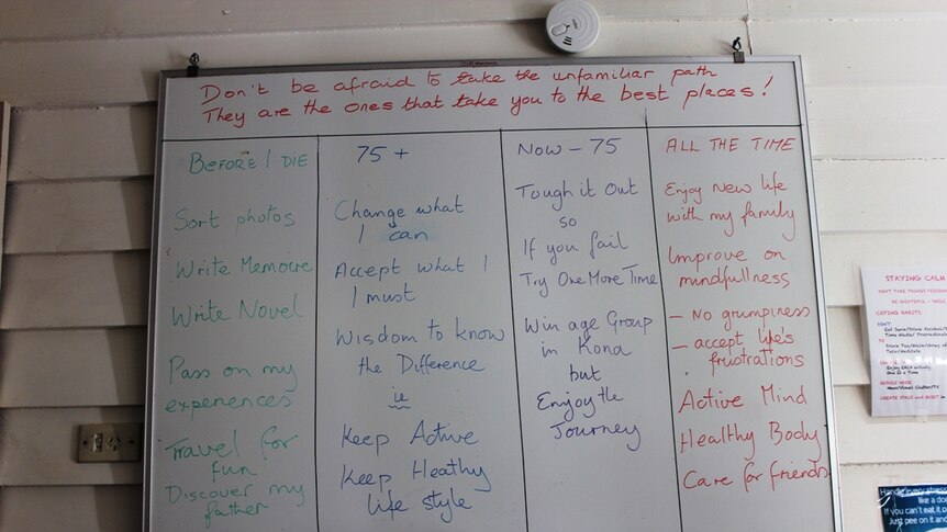 Karla McKinlay's whiteboard with life goals.