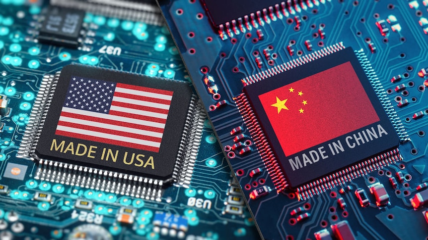 Two semiconductor chips, one that says "made in USA", another saying "made in China"