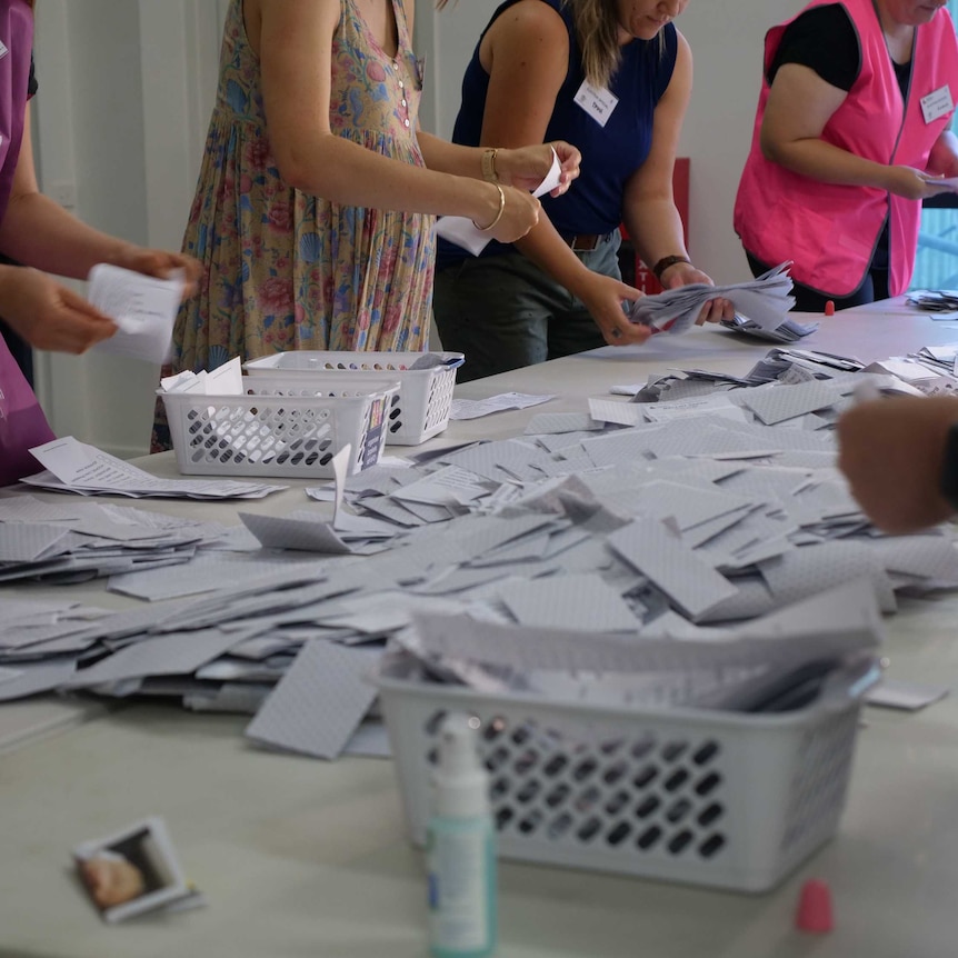 Four Electoral Commission Queensland staff count ballot papers, ballot papers scattered all over table.