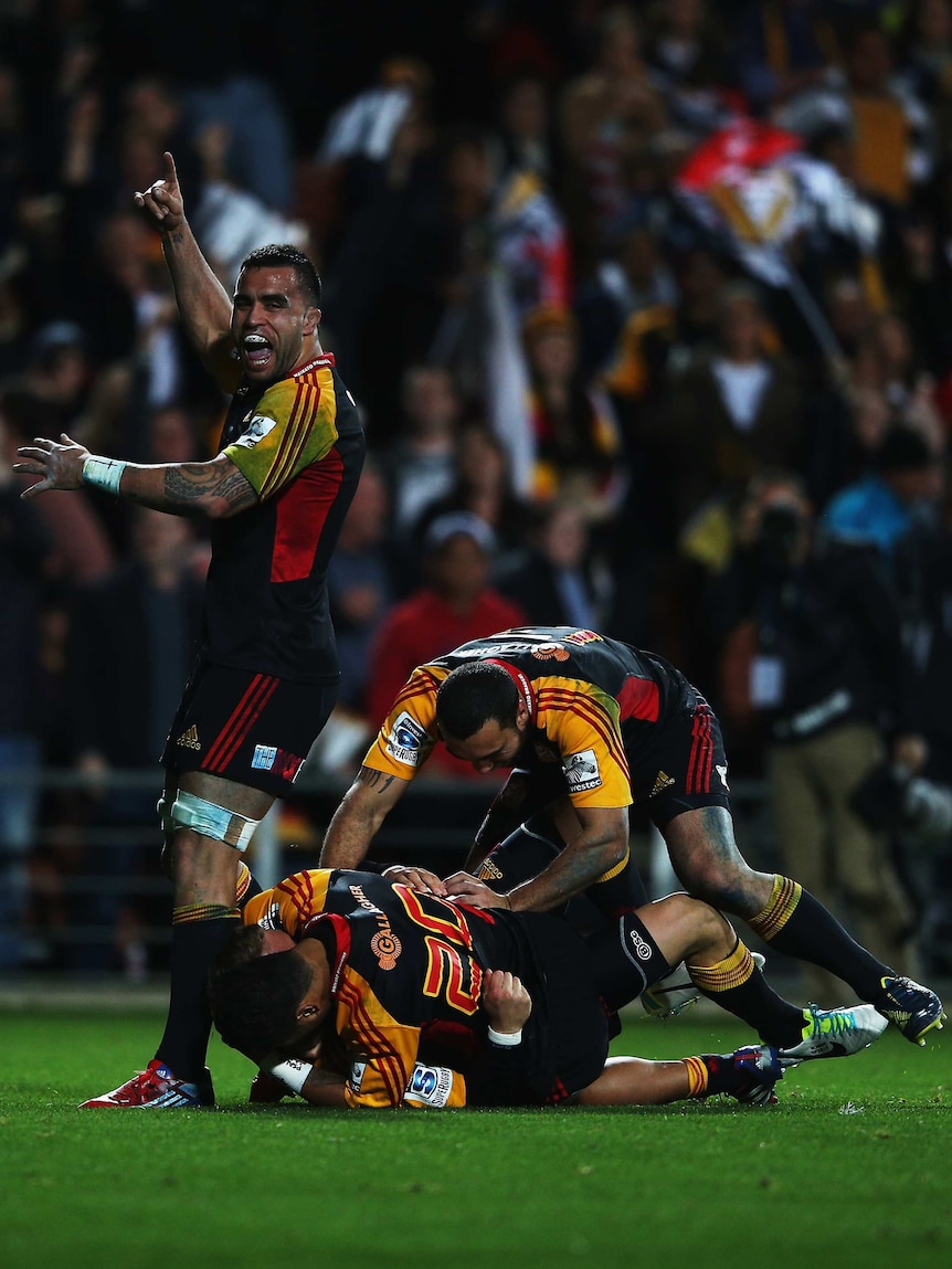 Bitter feeling ... The Chiefs celebrate a try against the Brumbies in last year's final