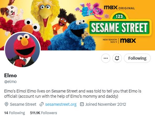 A screenshot of Elmo's profile on X. He has more than 500,000 followers 