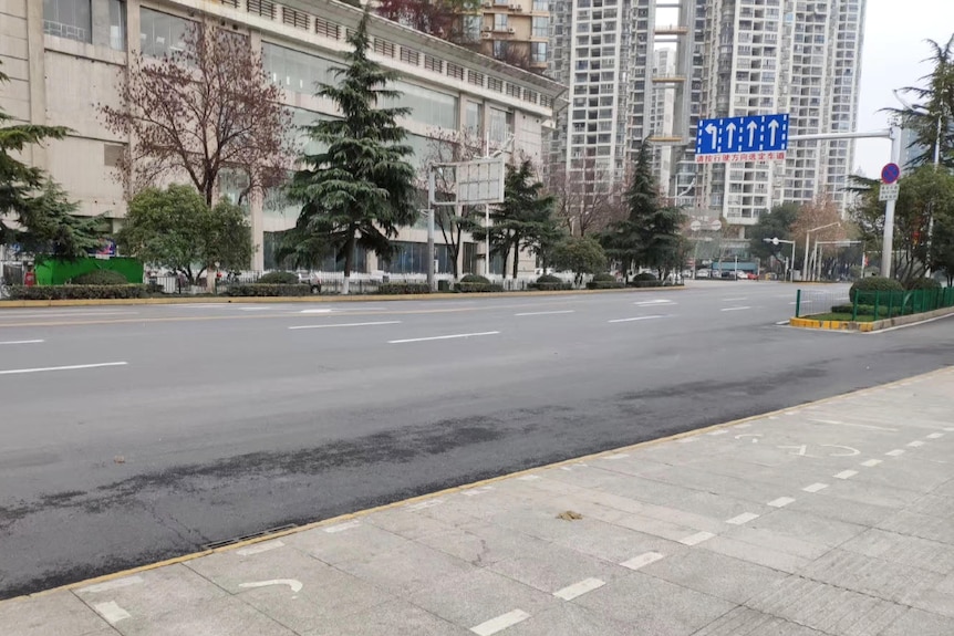 An empty street with no cars or people, lots of buildings and at least four lanes where traffic would be.