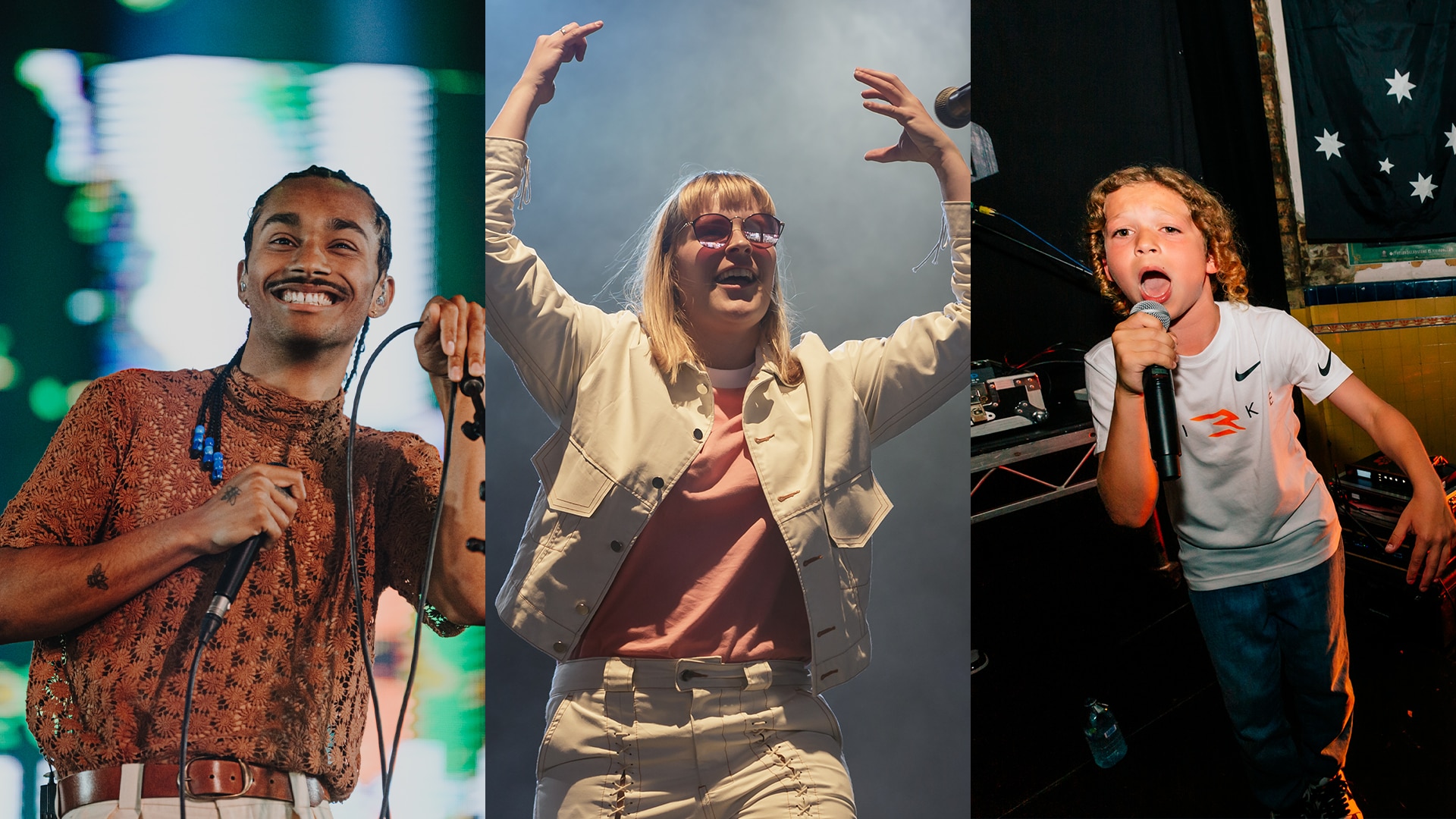 Splice of three images showing Forest Claudette, Alice Ivy and inkabee performing live