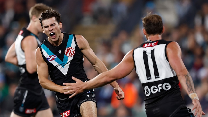 Port Adelaide captain Connor Rozee roars in triumph as his teammate puts his hand out in acknowledgement after a goal.