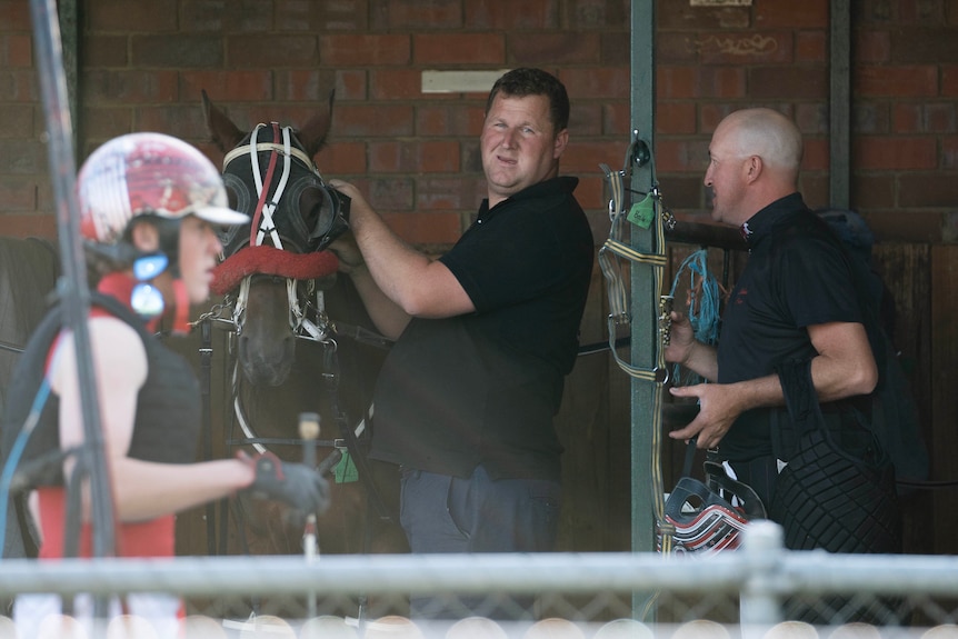 A man holds a horse bridle and looks over.