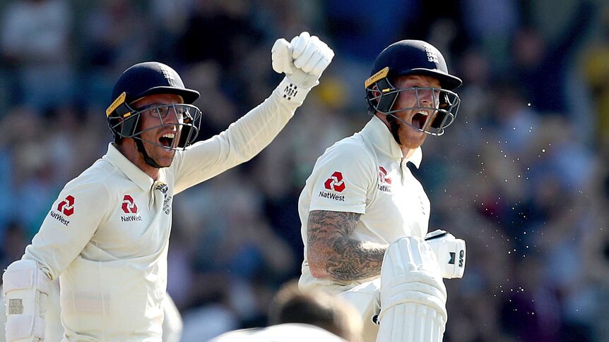 England batsmen Jack Leach and Ben Stokes scream in joy after winning the third Ashes Test at Headingley.
