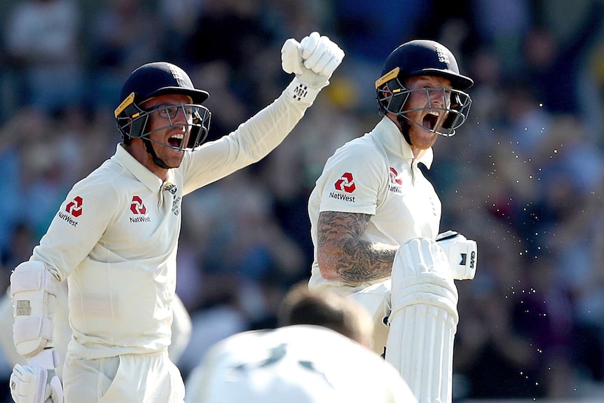 England batsmen Jack Leach and Ben Stokes scream in joy after winning the third Ashes Test at Headingley.