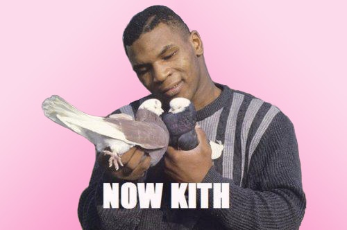 Mike Tyson holding two pigeons close to each other.