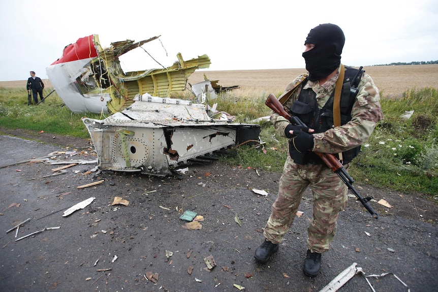 A pro-Russian separatist stands at the crash site of Malaysia Airlines flight MH17