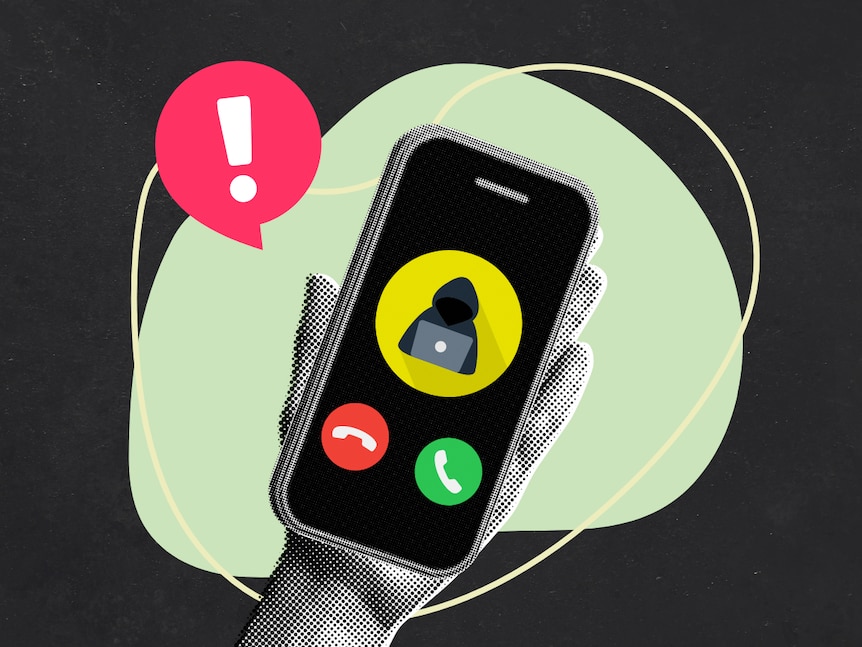 A graphic showing a hand holding up a phone, with an incoming call from a mysterious hooded figure.