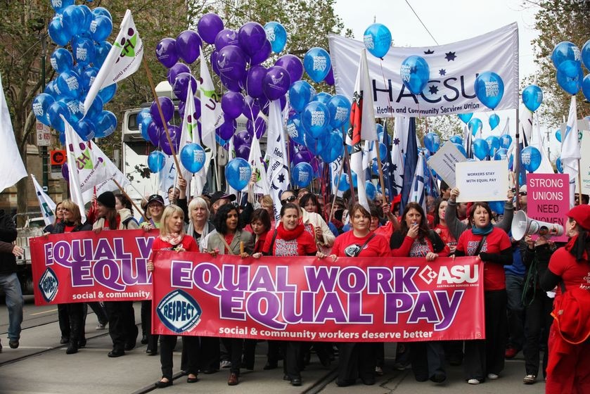 Thousands of people rally in Melbourne for equal pay for women in community services work on June 10, 2010.