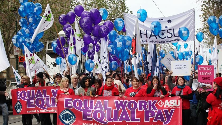 Thousands of people rally in Melbourne for equal pay for women in community services work on June 10, 2010.