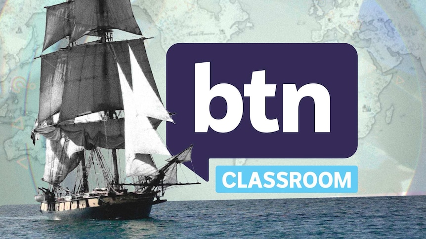 A tall ship sails in open water past the BTN logo.