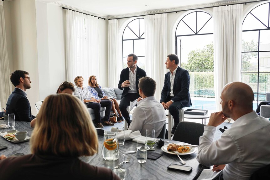 Airbnb co-founder Joe Gebbia speaks to journalists at a lunchtime briefing in Sydney on November 20, 2017.