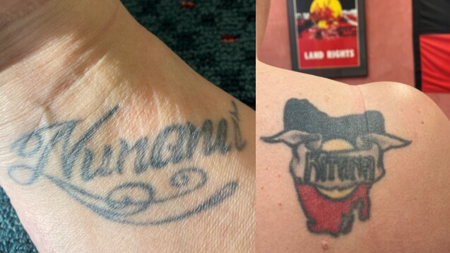 Two photos, one of a tattoo on a foot and the oether of a tasmanian map shaped aboriginal flag with text over