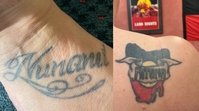 Two photos, one of a tattoo on a foot and the oether of a tasmanian map shaped aboriginal flag with text over