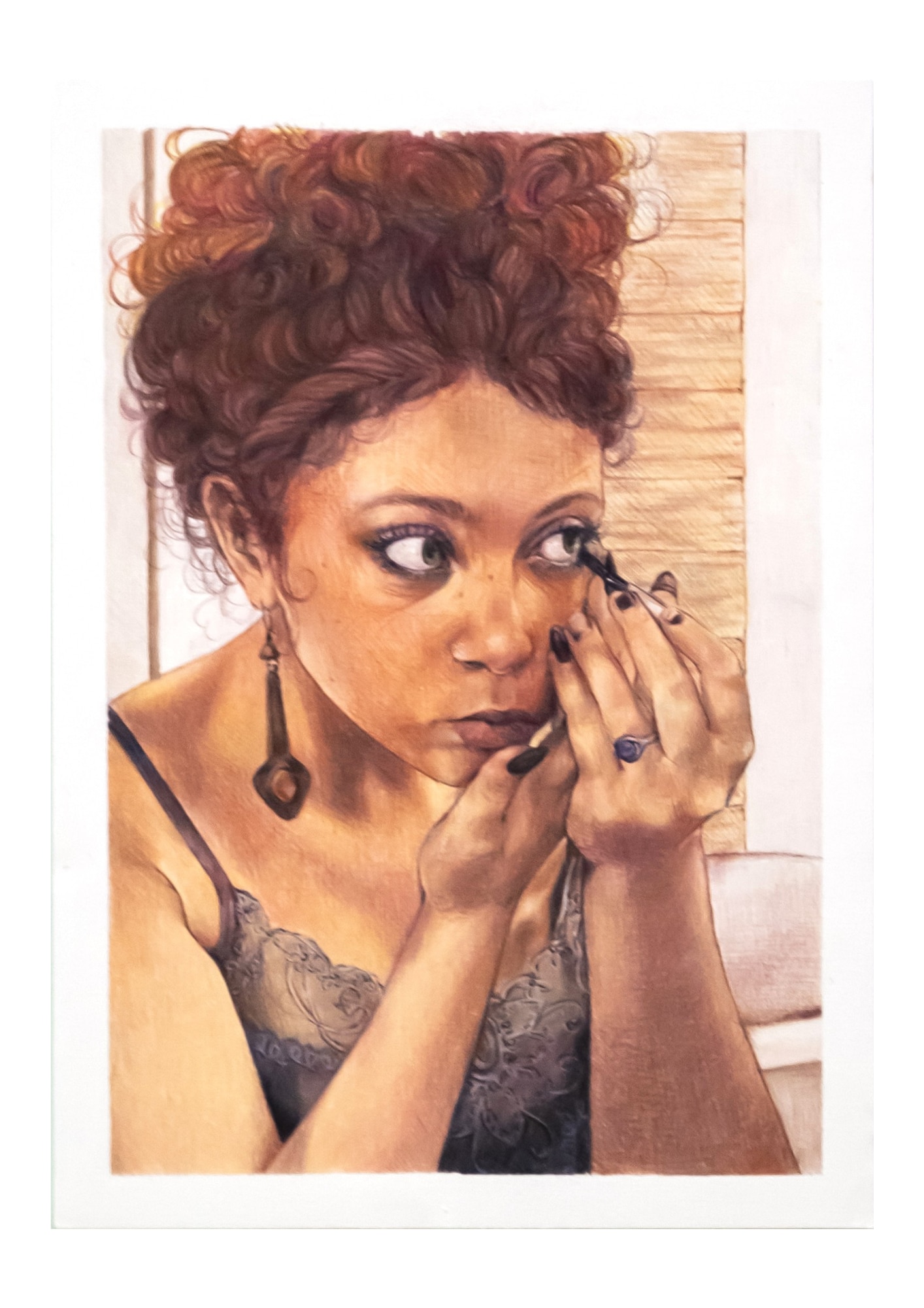 Painting of a young woman with her hair up doing her eyeliner in the mirror