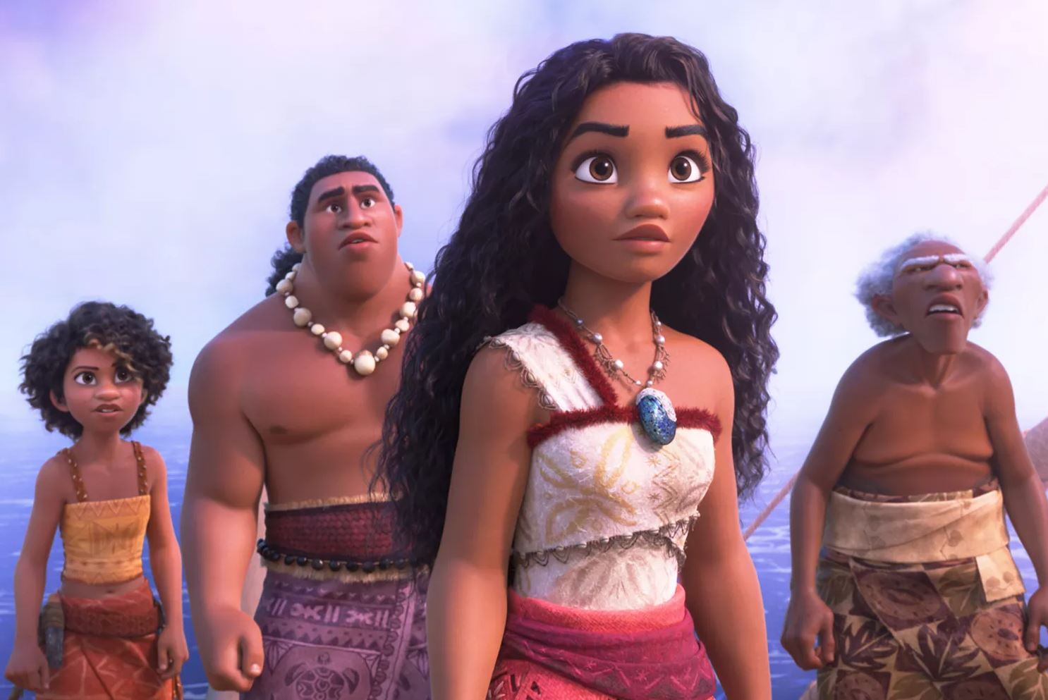 Charcter images of Disney film Moana and three male characters beside her