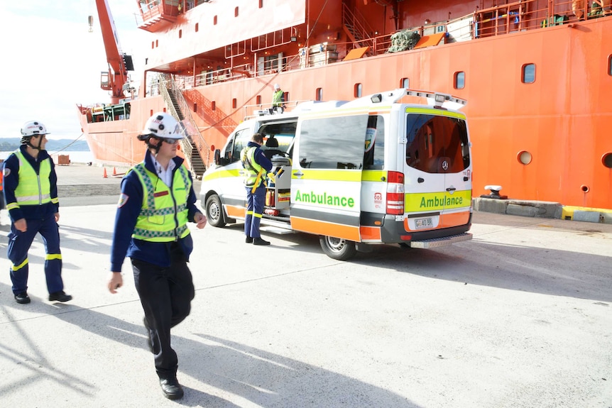 Ambulance in front of Aurora Australis after sick expeditioner was taken off the ship