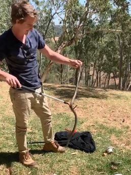 A snake catcher with an eastern brown snake taken from a Coromandel Valley sink.