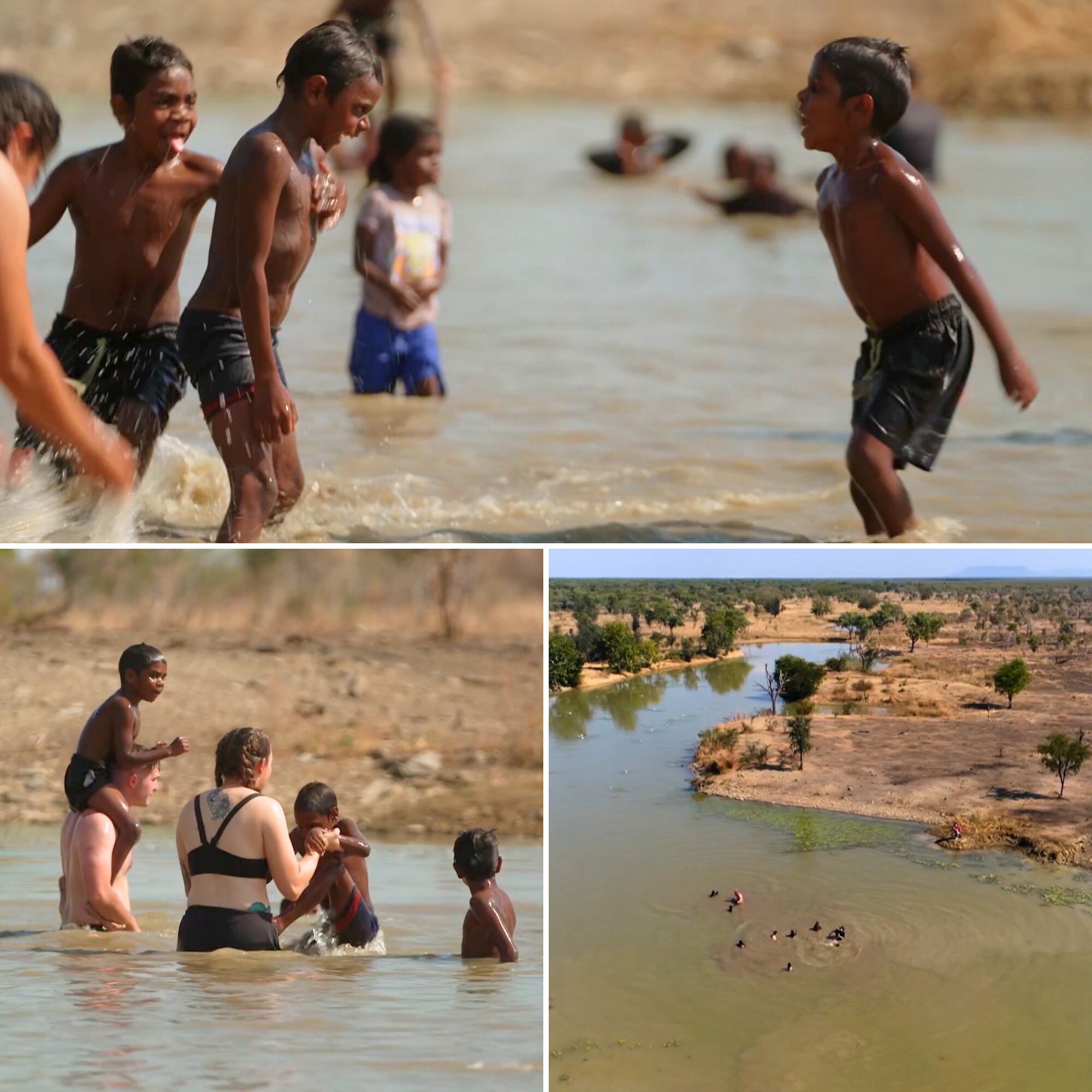 Children happily splash and play in a billabong with a blue sky behind them