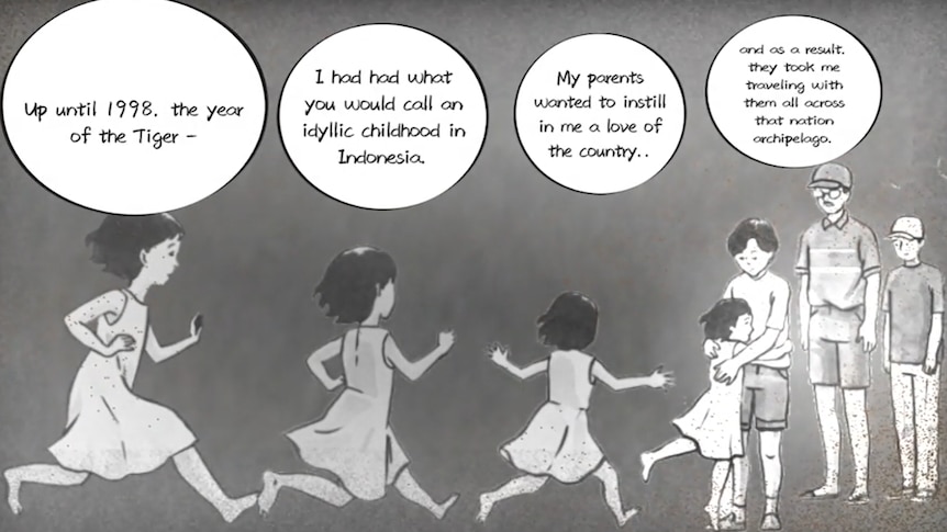 Illustration of a little girl running to her family.