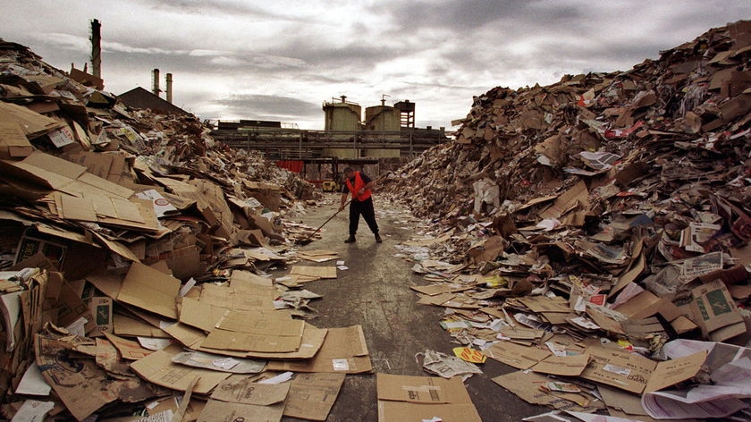 Waste paper awaiting recycling at an Australian paper recycling mill