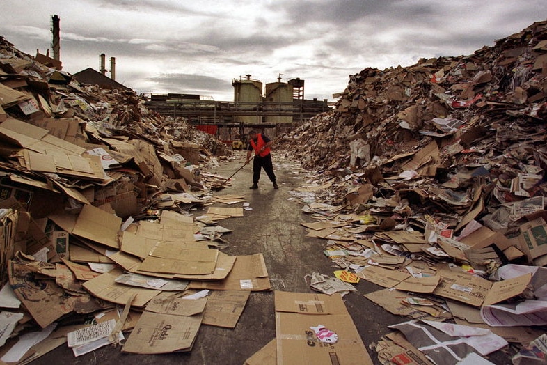 Waste paper awaiting recycling at an Australian paper recycling mill