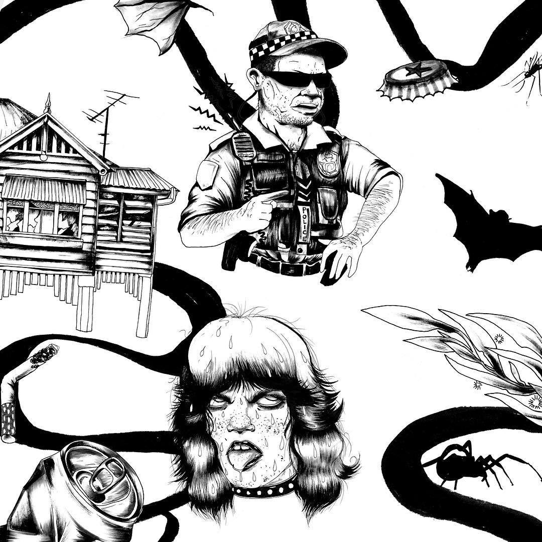 A black and white drawing of a punk, a police officer, some bats, beer caps, and an old Queenslander.