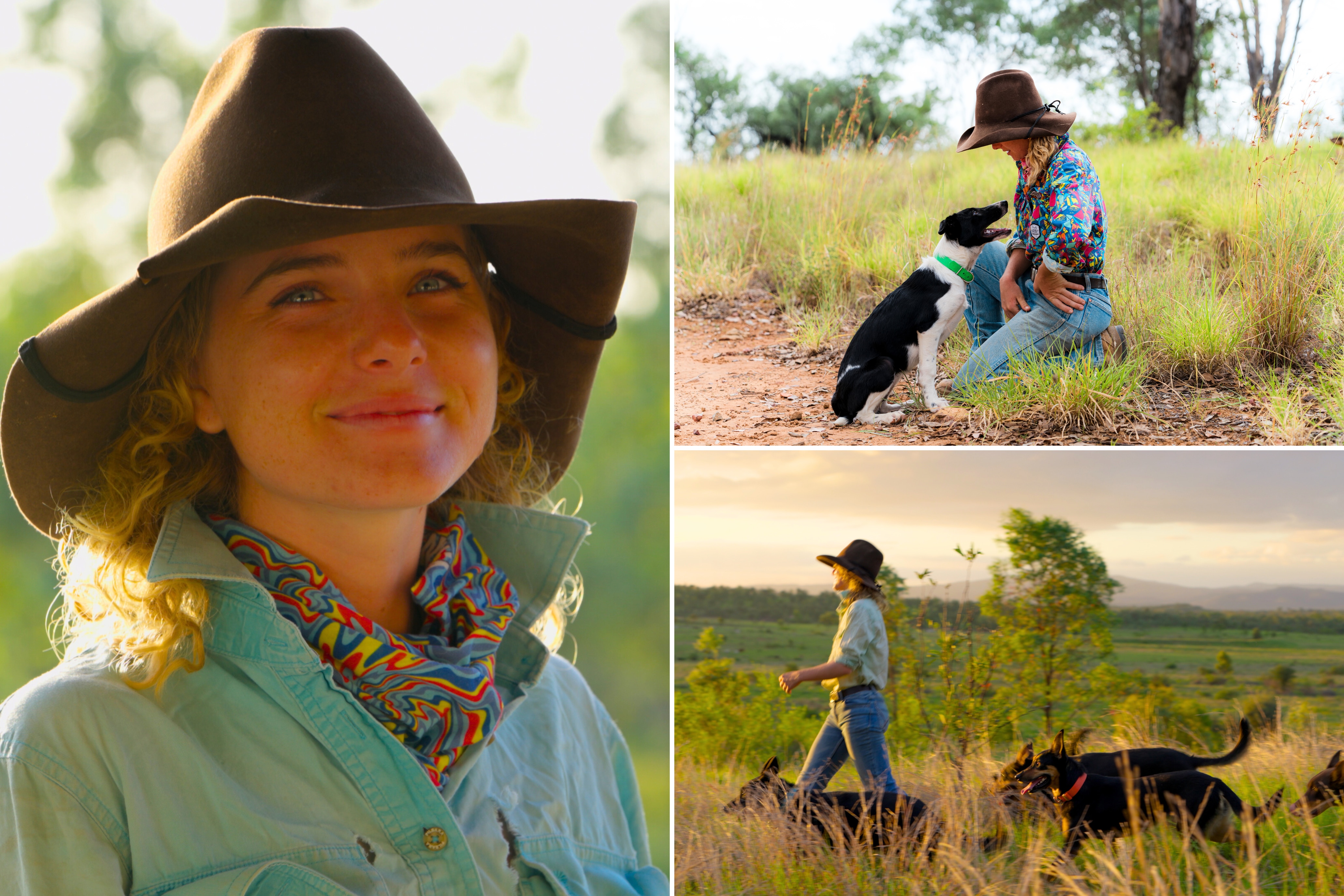 A composite of three images of a young farmer with a brown hat on her lush green property with her muster dogs