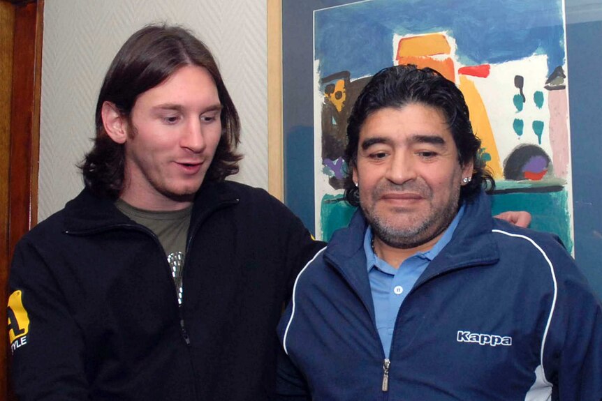 Argentine soccer player Lionel Messi meets former star of the national team Diego Maradona