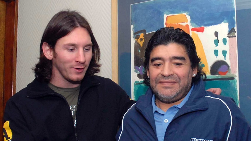 Argentine soccer player Lionel Messi meets former star of the national team Diego Maradona