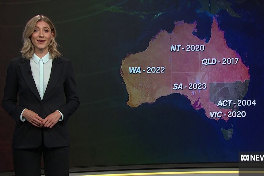 A news reader stands in front of a graphic showing Australia and its states and territories.