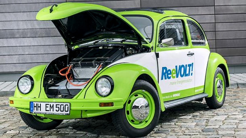 A 1960s VW Beetle that has been retrofitted with an electric motor and requires no petrol using a Reevolt transformation kit. October 30, 2014.