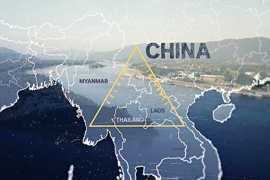 A blue map with a yellow triangle showing Myanmar, Thailand, Laos and CHINA in large letters