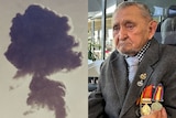 Two frames, one of a mushroom cloud, the other an old man with medals.