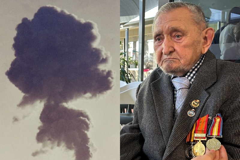 Two frames, one of a mushroom cloud, the other an old man with medals.