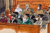 The main jury panel sits in the jury box as pictured in a court sketch.