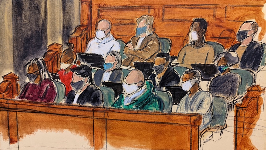 The main jury panel sits in the jury box as pictured in a court sketch.