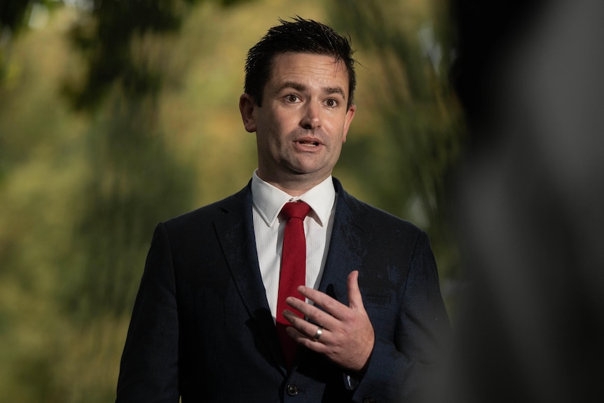 A man in a suit and red tie speaks and gestures in the parliamentary garden.