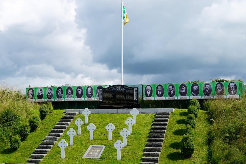 The Irish flag flies above a memorial to the hunger strikers in Northern Ireland.