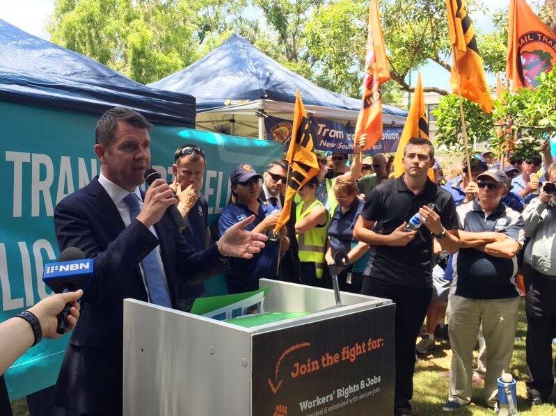 The New South Wales Premier, Mike Baird addresses a union rally in Newcastle.