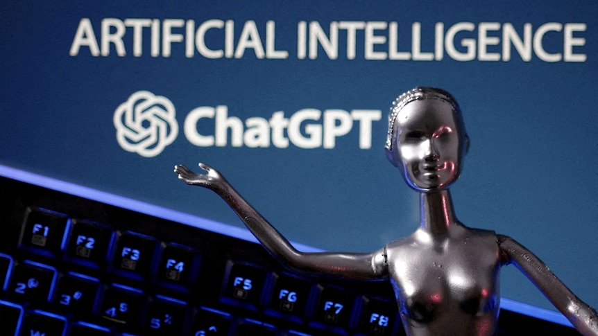 ChatGPT logo and AI Artificial Intelligence words are seen in an illustration.