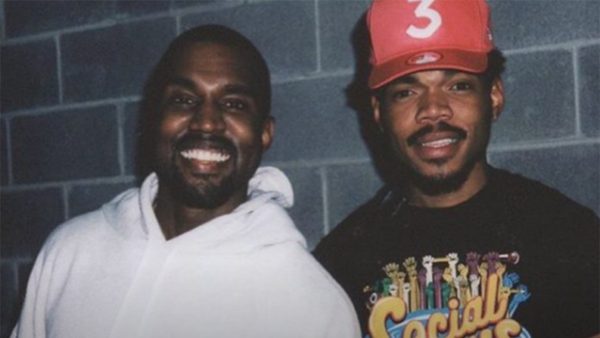 Kanye West and Chance The Rapper posed against wall