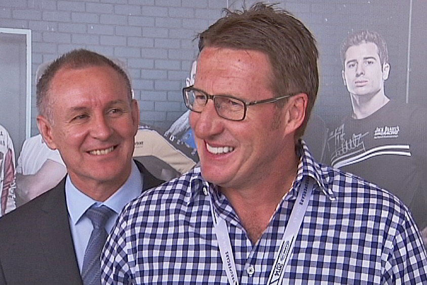 Jay Weatherill watches as Mark Skaife speaks