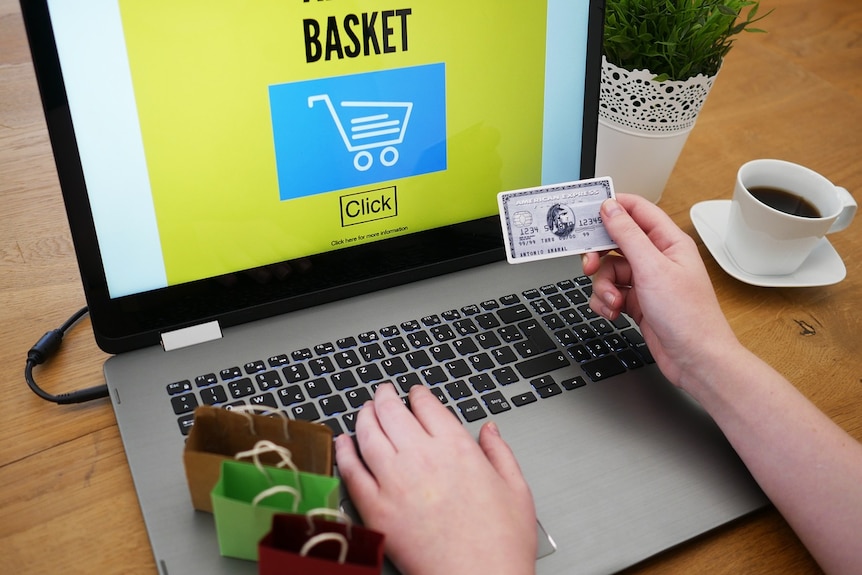 a person holds a credit card in front of a computer screen