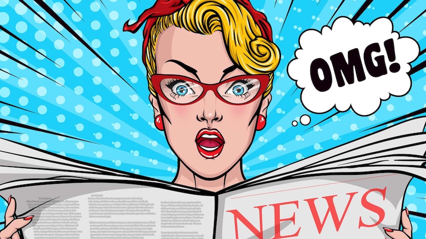 Bright cartoon image of woman reading newspaper, looking shocked and thinking OMG.