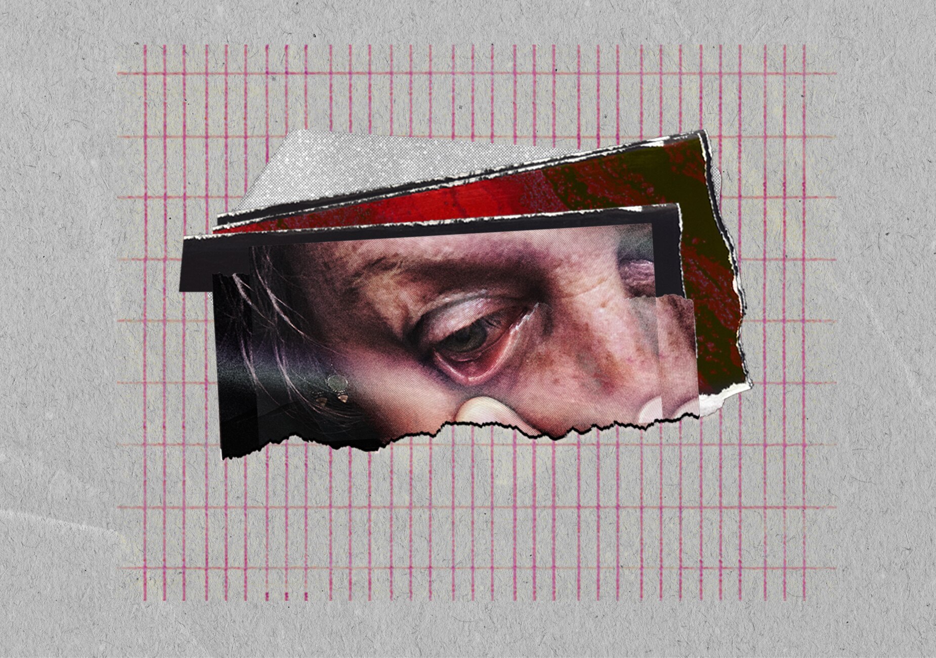 On grey paper with red grid a ripped photo shows close-up of woman inspecting inside of the bottom of her eye.