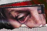 On grey paper with red grid a ripped photo shows close-up of woman inspecting inside of the bottom of her eye.